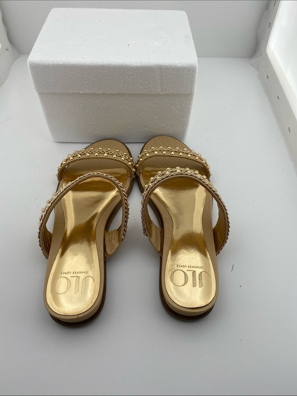 Jennifer Lopez Metallic Gold Double-Strap Slide Sandals with Studs - Picture 3 of 3
